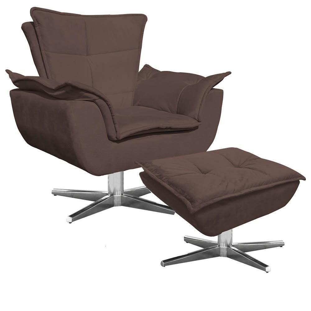 Poltrona Decorativa Base Giratória Cromada Com Puff Opla Suede Marrom - Ibiza - 1