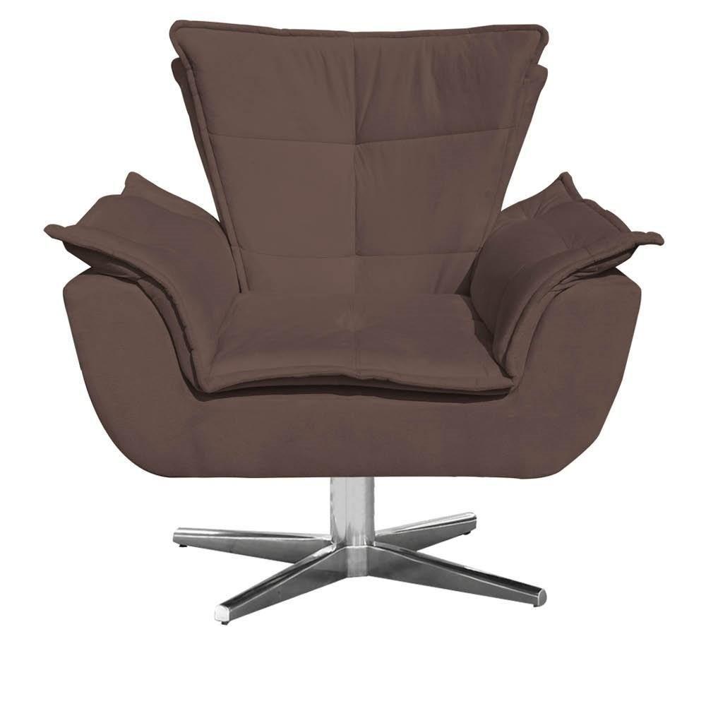 Poltrona Decorativa Base Giratória Cromada Com Puff Opla Suede Marrom - Ibiza - 2