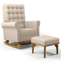 Poltrona De Amamentação Balanço E Puff Base De Madeira Brenda G05 Linho Creme - Mpozenato - 1