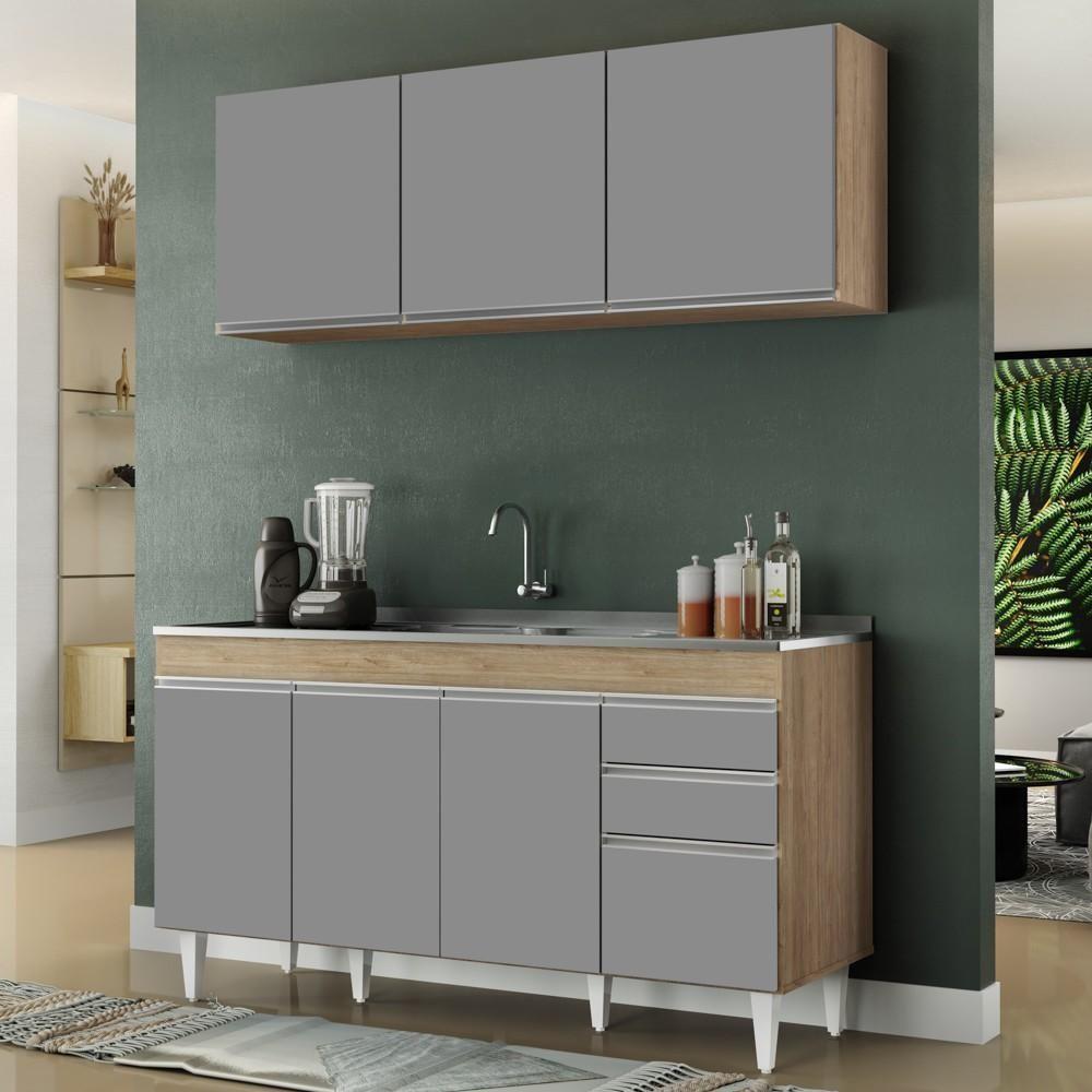 Armário Aéreo Argélia E Balcão Com Pia 150cm Marrocos Castanho-cinza - Lumil Móveis - 2