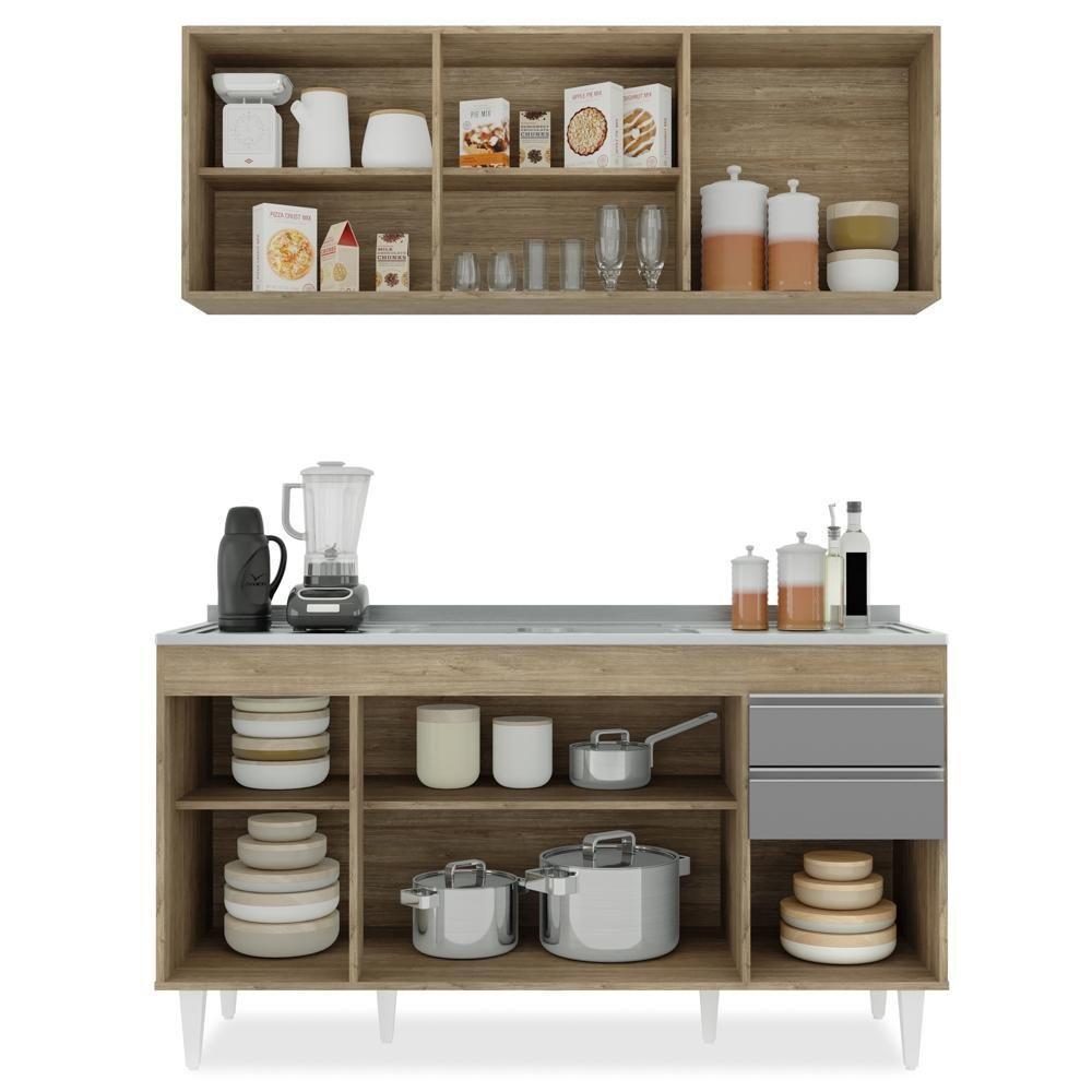 Armário Aéreo Argélia E Balcão Com Pia 150cm Marrocos Castanho-cinza - Lumil Móveis - 3