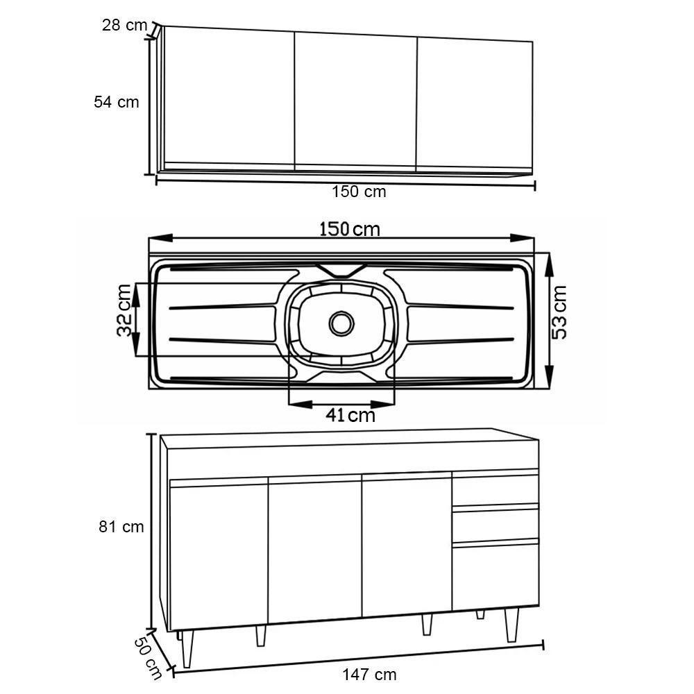 Armário Aéreo Argélia E Balcão Com Pia 150cm Marrocos Castanho-cinza - Lumil Móveis - 4