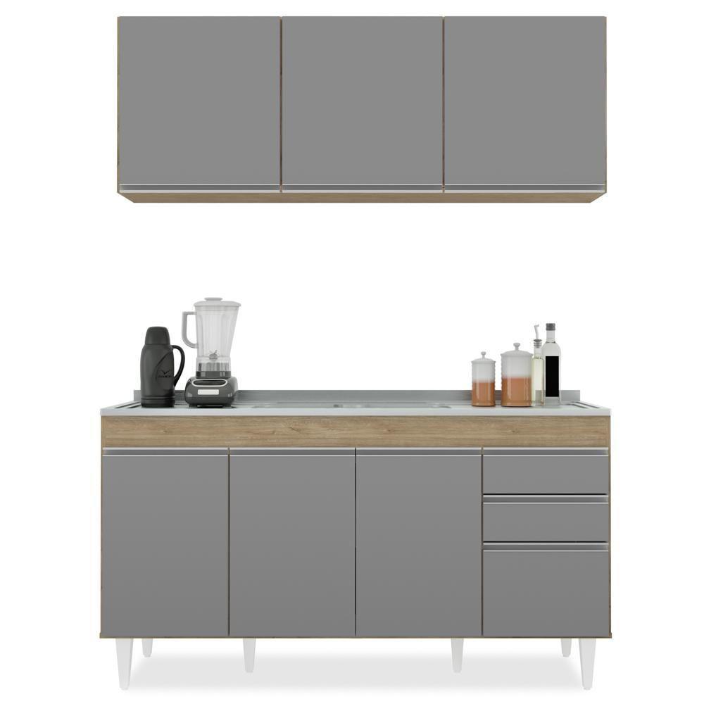 Armário Aéreo Argélia E Balcão Com Pia 150cm Marrocos Castanho-cinza - Lumil Móveis - 6