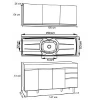 Armário Aéreo Argélia E Balcão Com Pia 150cm Marrocos Castanho-cinza - Lumil Móveis