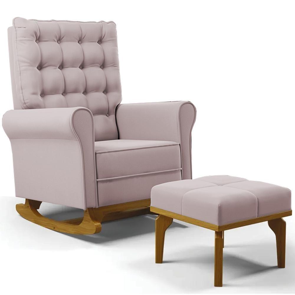 Poltrona De Amamentação Balanço E Puff Base De Madeira Brenda G05 Veludo Rosê - Mpozenato - 1