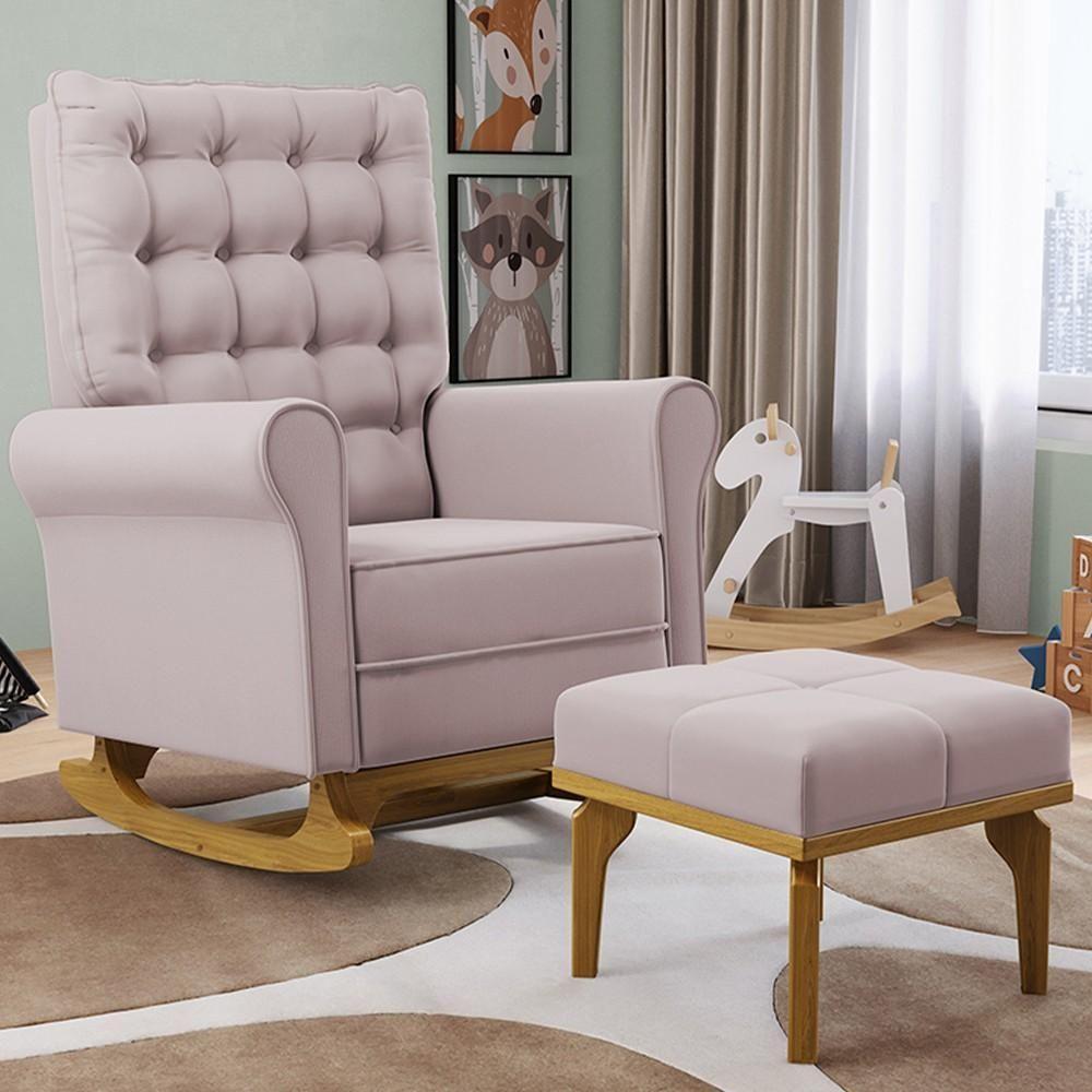 Poltrona De Amamentação Balanço E Puff Base De Madeira Brenda G05 Veludo Rosê - Mpozenato - 2