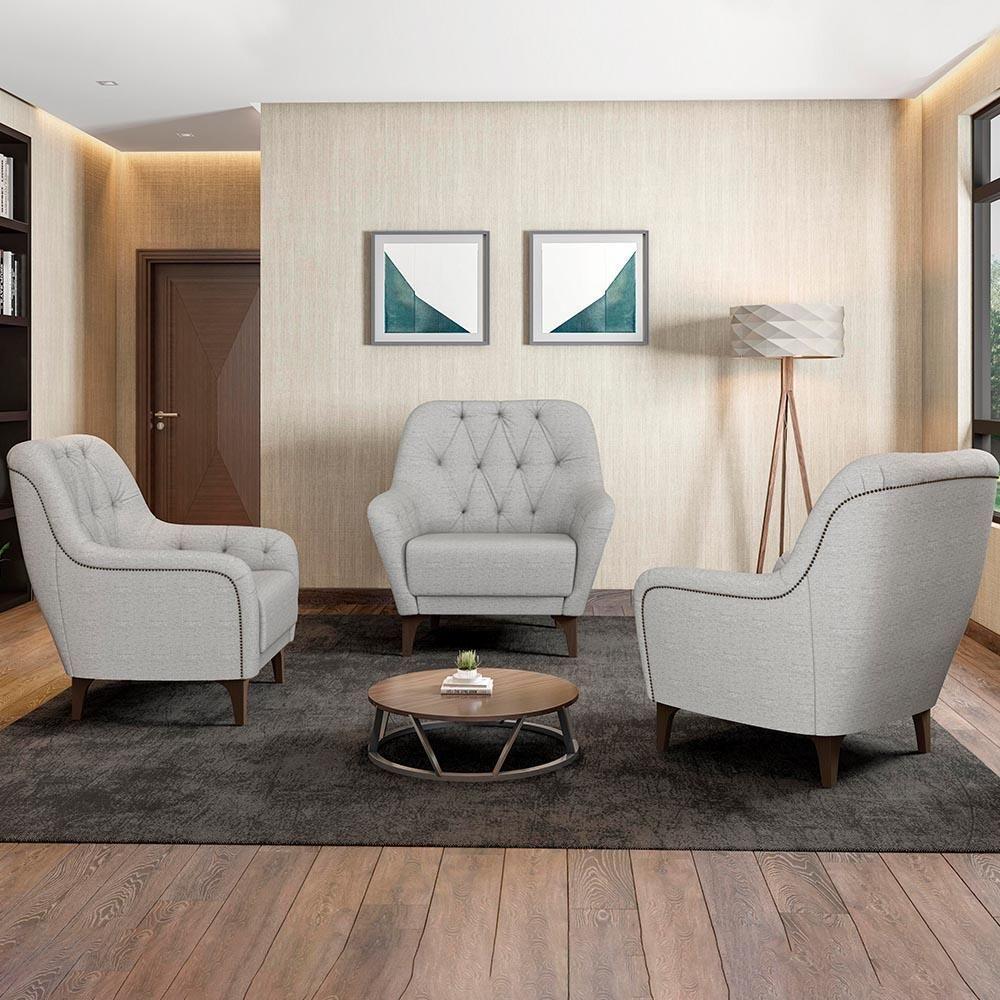 Poltrona Decorativa Para Sala De Estar Com Capitonê Pietà M22 Linho Cinza - Mpozenato - 2