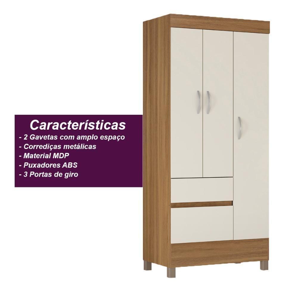 Guarda Roupa Solteiro 3 Portas E 2 Gavetas Castro - Amêndola Touch Off White - 7