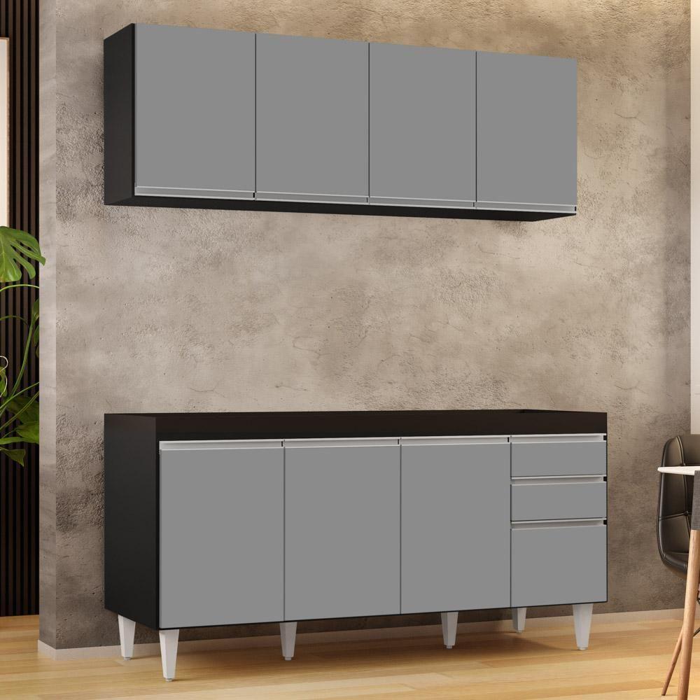 Armário Aéreo Nevada E Balcão Para Pia 160cm Arkansas Preto-cinza - Lumil Móveis - 5