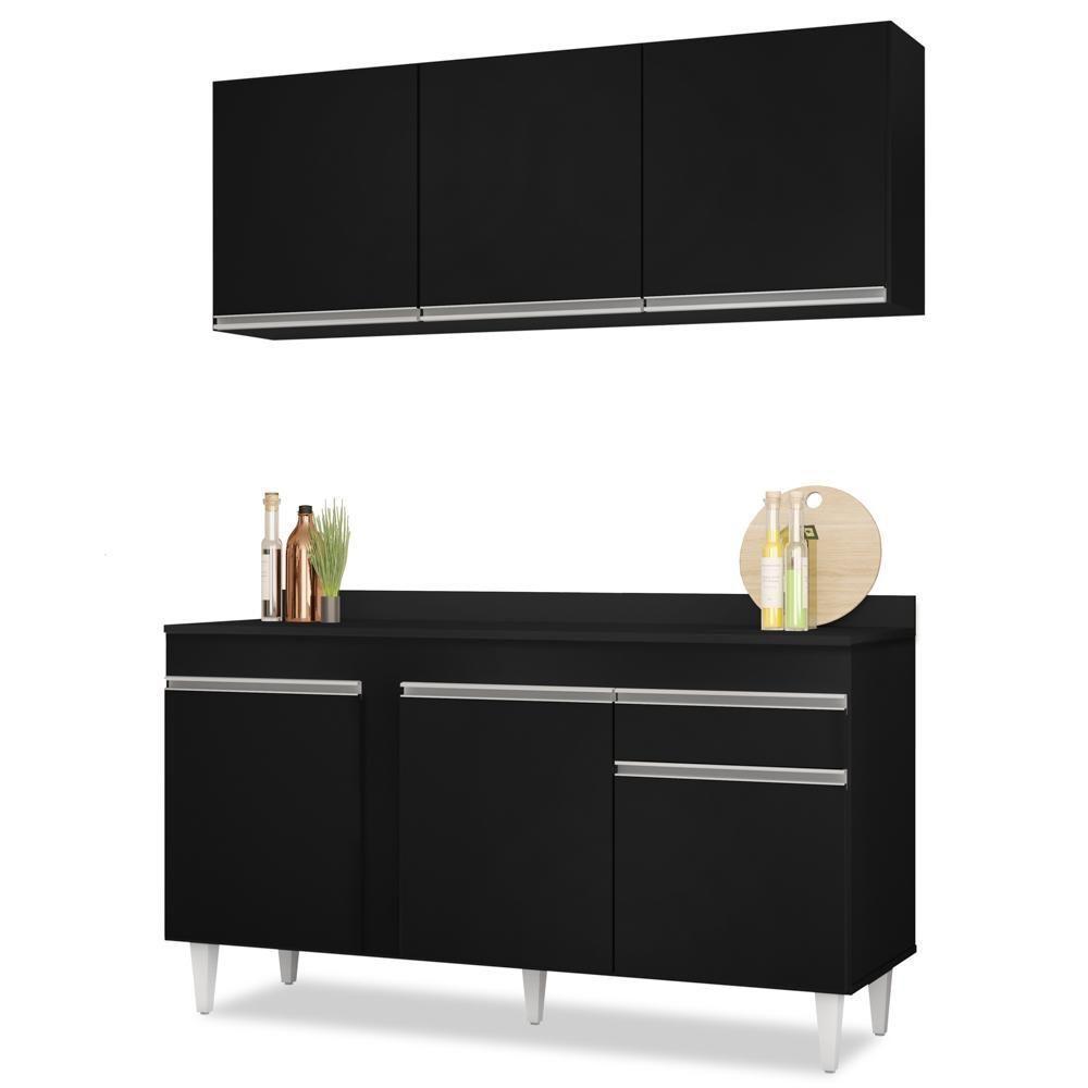 Armário Aéreo Argélia E Balcão Gabinete Para Pia Com Tampo 150cm Dakota Preto - Lumil - 1