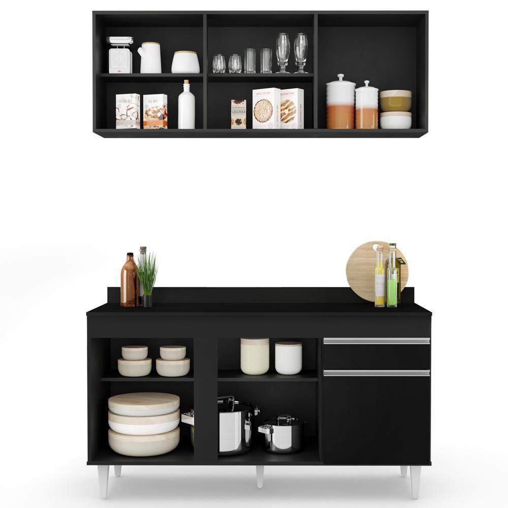 Armário Aéreo Argélia E Balcão Gabinete Para Pia Com Tampo 150cm Dakota Preto - Lumil - 3