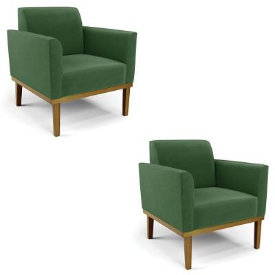 Kit 2 Poltronas Maressa Para Sala Suede Verde Base Madeira Ibiza