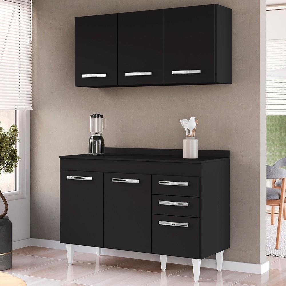 Armário Aéreo Honduras E Balcão Gabinete Com Tampo 120cm Suécia Preto - Lumil - 2