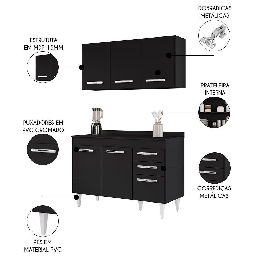 Armário Aéreo Honduras E Balcão Gabinete Com Tampo 120cm Suécia Preto - Lumil - 3