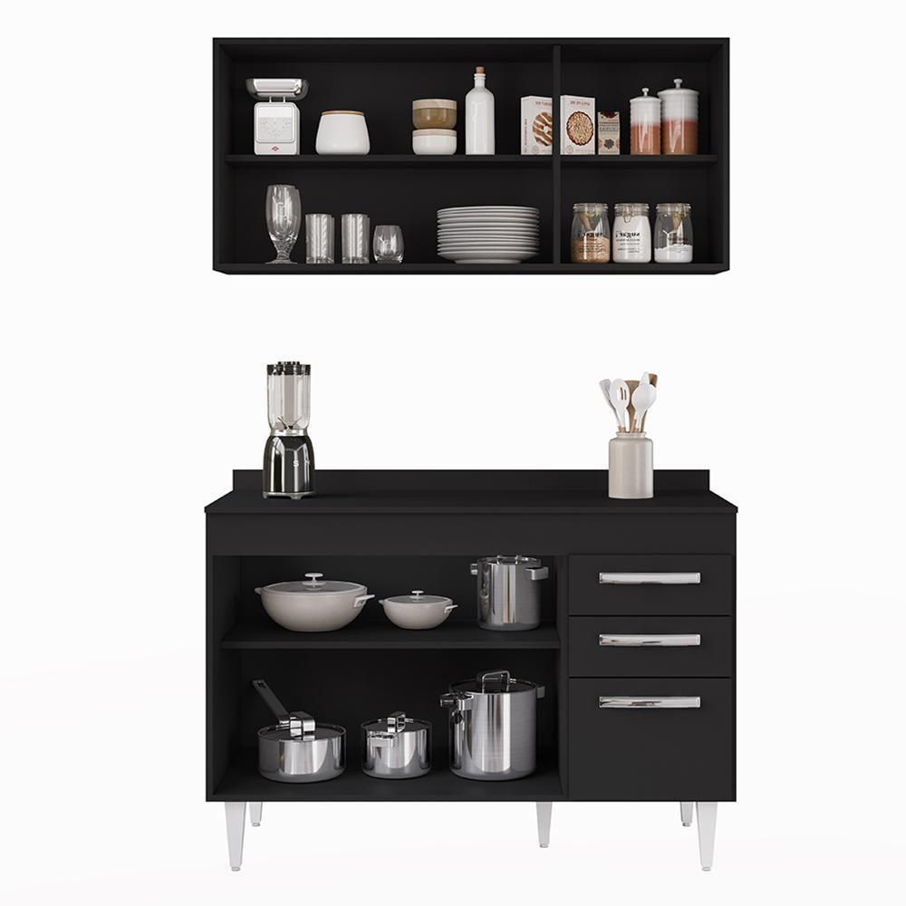 Armário Aéreo Honduras E Balcão Gabinete Com Tampo 120cm Suécia Preto - Lumil - 6