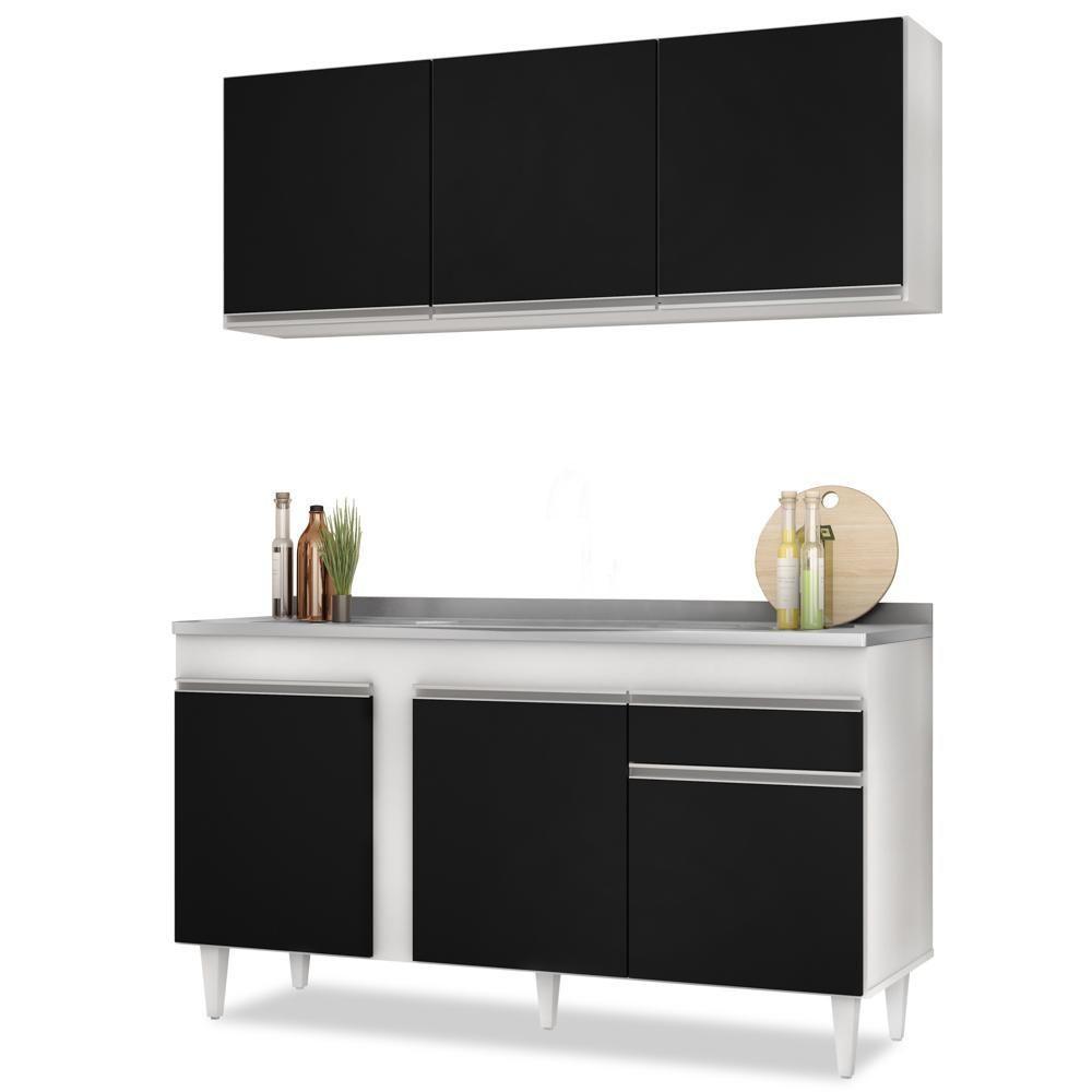 Armário Aéreo Argélia E Balcão Gabinete Com Pia Inox 150cm Dakota Branco-preto - Lumil - 1