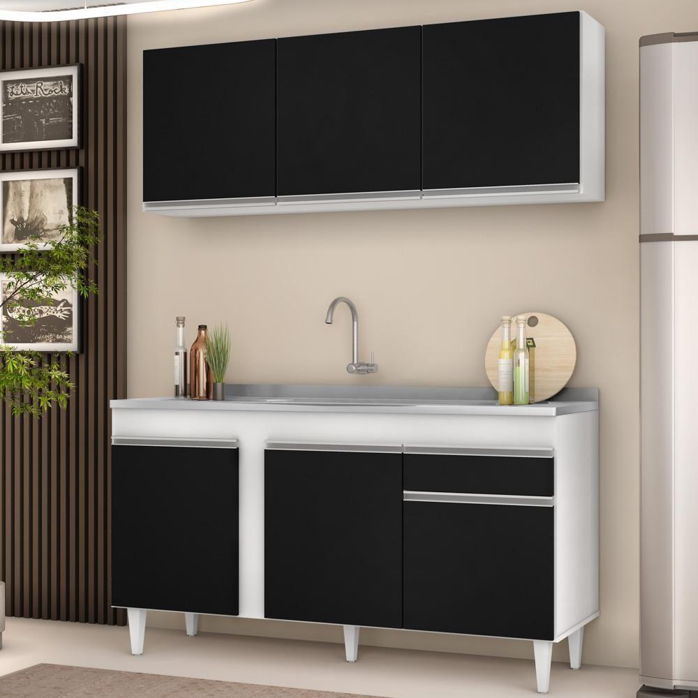 Armário Aéreo Argélia E Balcão Gabinete Com Pia Inox 150cm Dakota Branco-preto - Lumil - 2