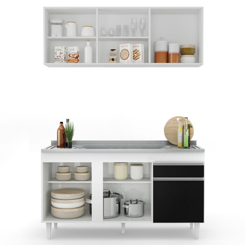 Armário Aéreo Argélia E Balcão Gabinete Com Pia Inox 150cm Dakota Branco-preto - Lumil - 3