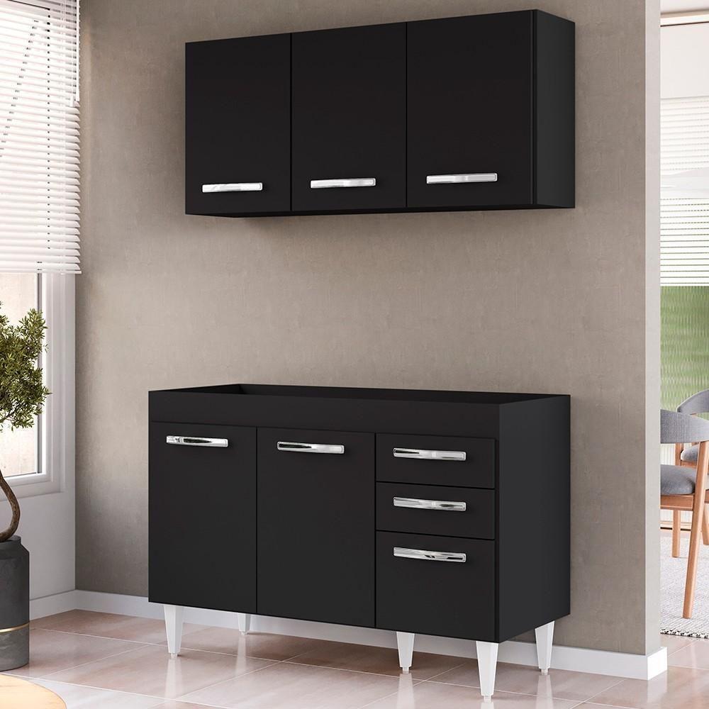 Armário Aéreo Honduras E Balcão Gabinete Sem Tampo 120cm Suécia Preto - Lumil - 2