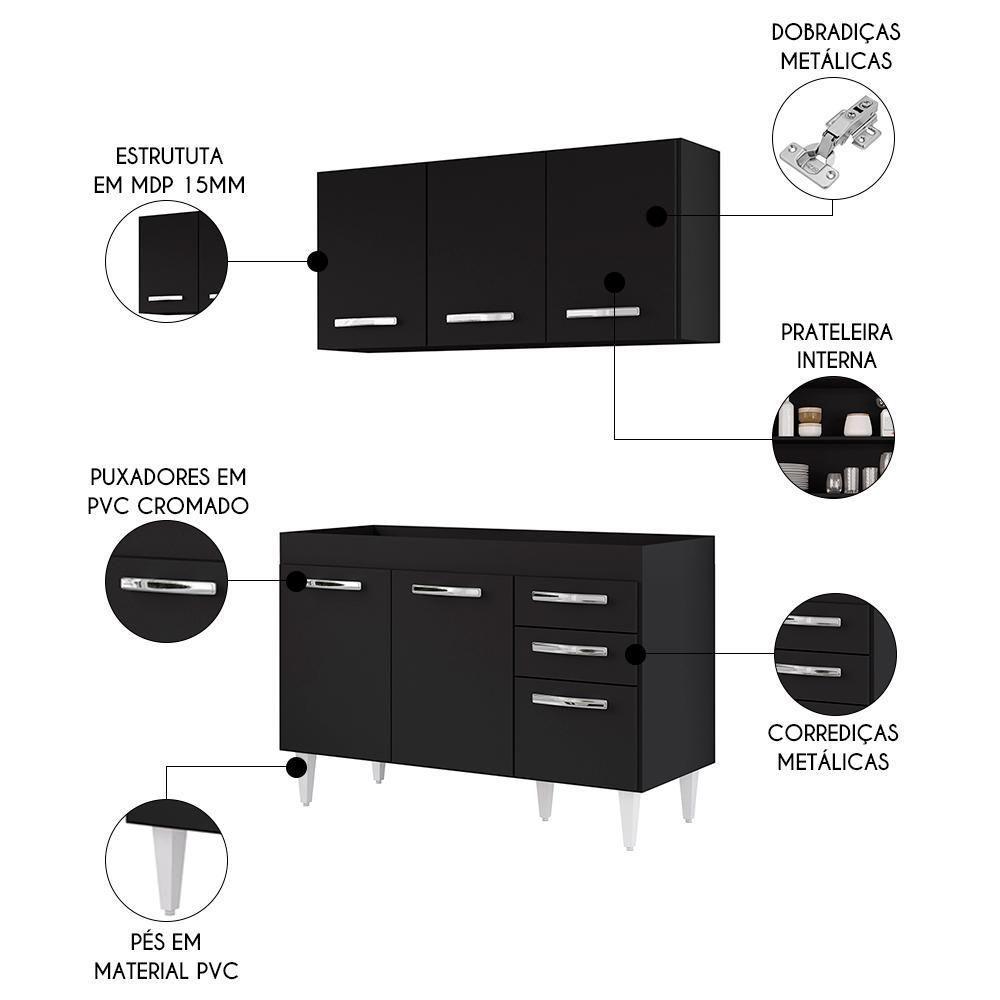 Armário Aéreo Honduras E Balcão Gabinete Sem Tampo 120cm Suécia Preto - Lumil - 3