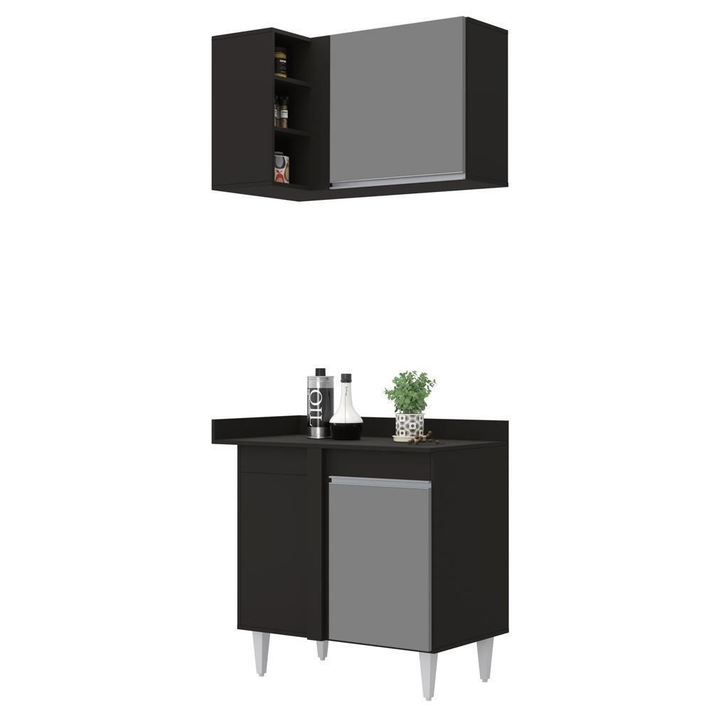 Balcão 1 Porta Denver E Armário Aéreo Austin De Canto Preto-cinza - Lumil - 1