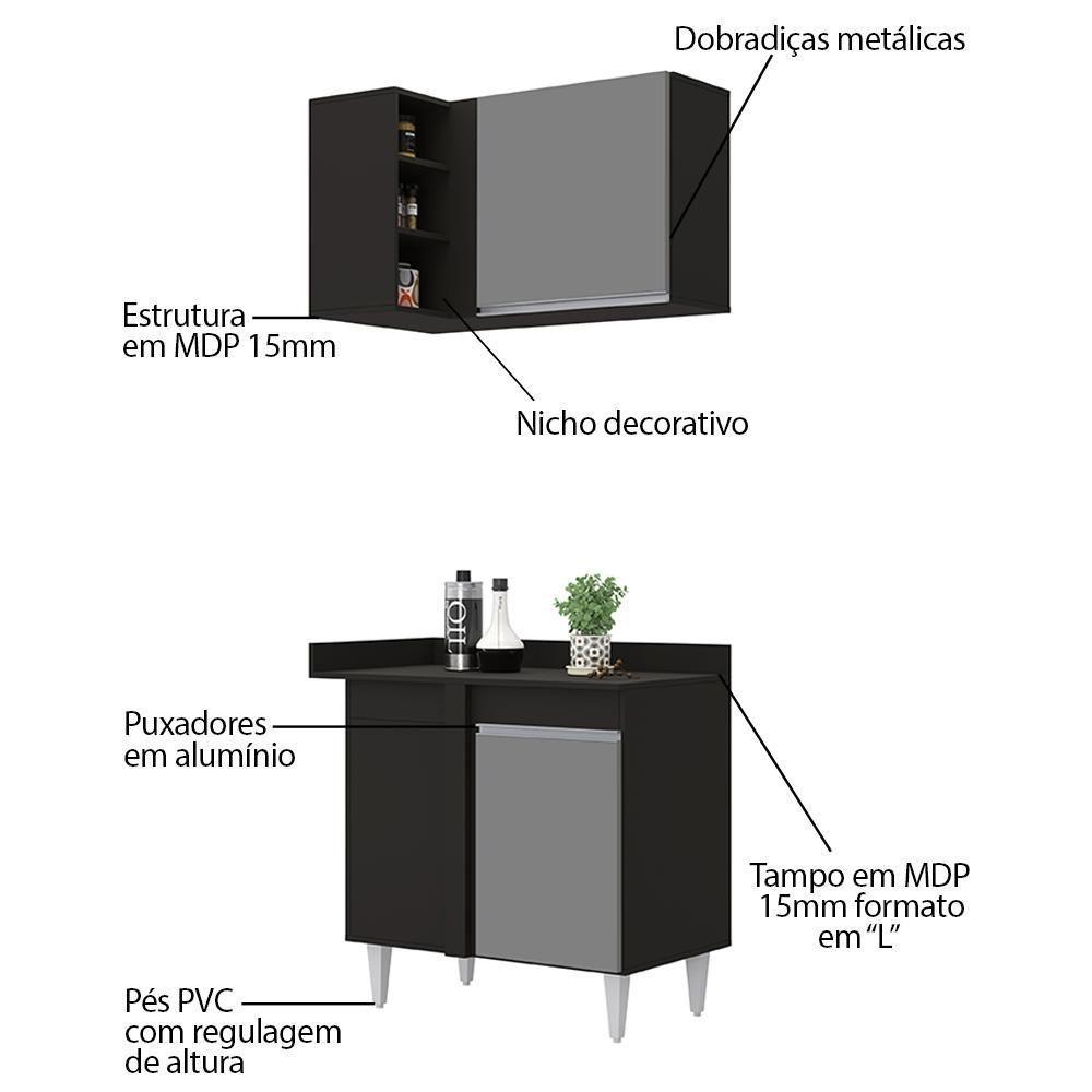 Balcão 1 Porta Denver E Armário Aéreo Austin De Canto Preto-cinza - Lumil - 3