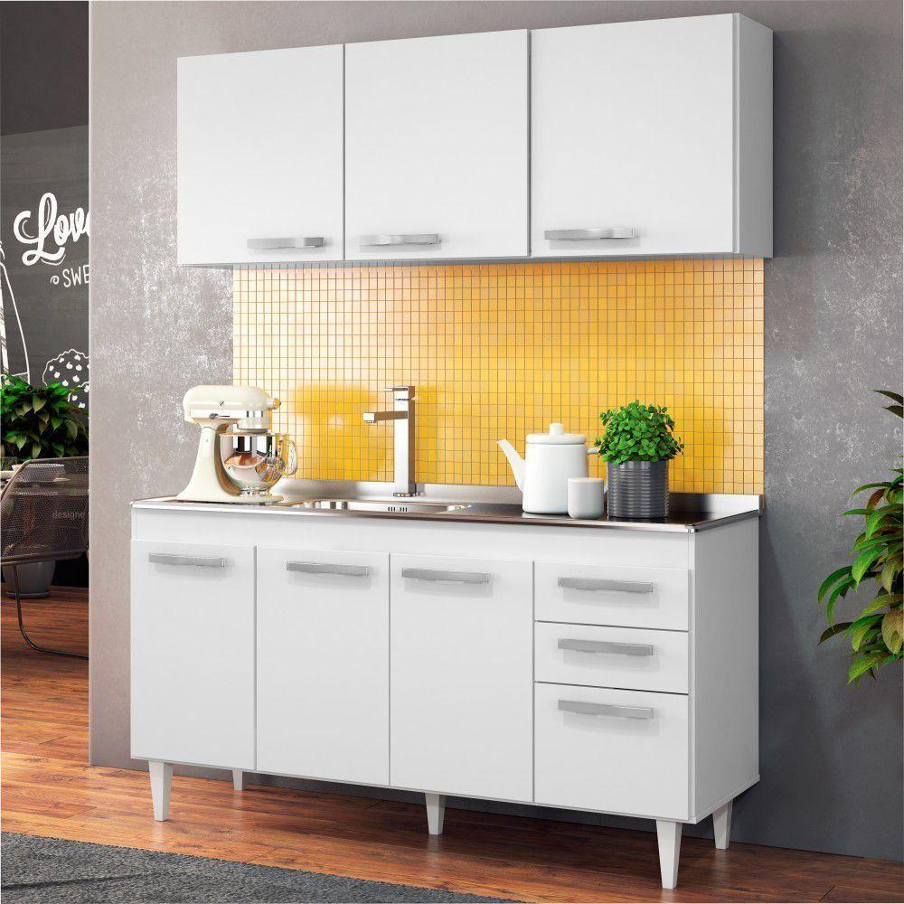 Armário Aéreo Parma E Balcão Gabinete Com Pia Inox 150cm Lisboa - Lumil Móveis Branco - 5