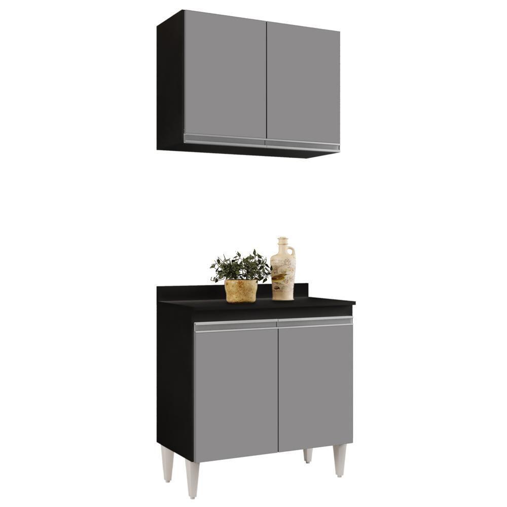 Armário Aéreo Califórnia E Balcão Hawai Com Tampo 80cm Preto-cinza - Lumil - 1