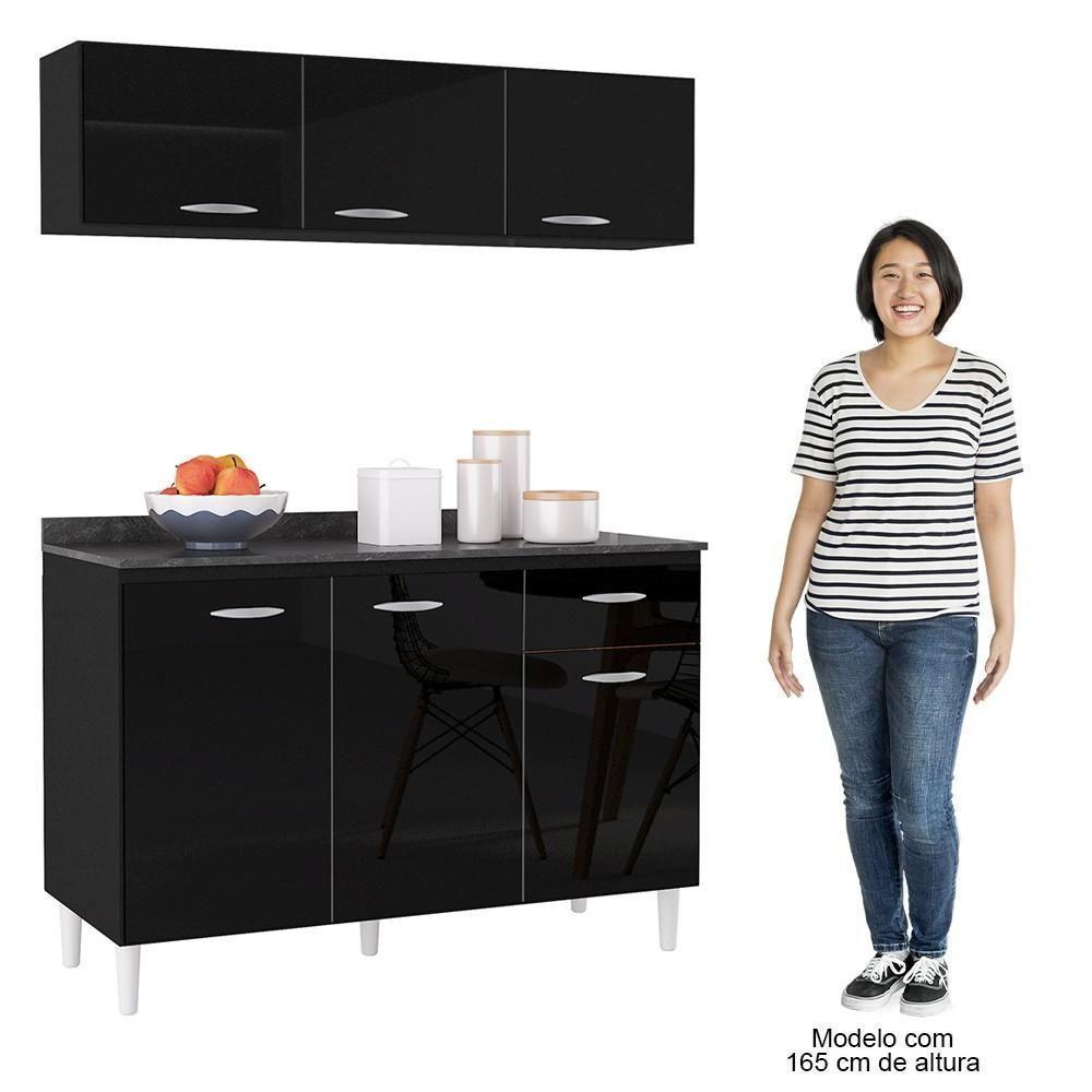 Armário Aéreo E Balcão De Cozinha 120cm Com Tampo Classic P11 Preto - Mpozenato - 6