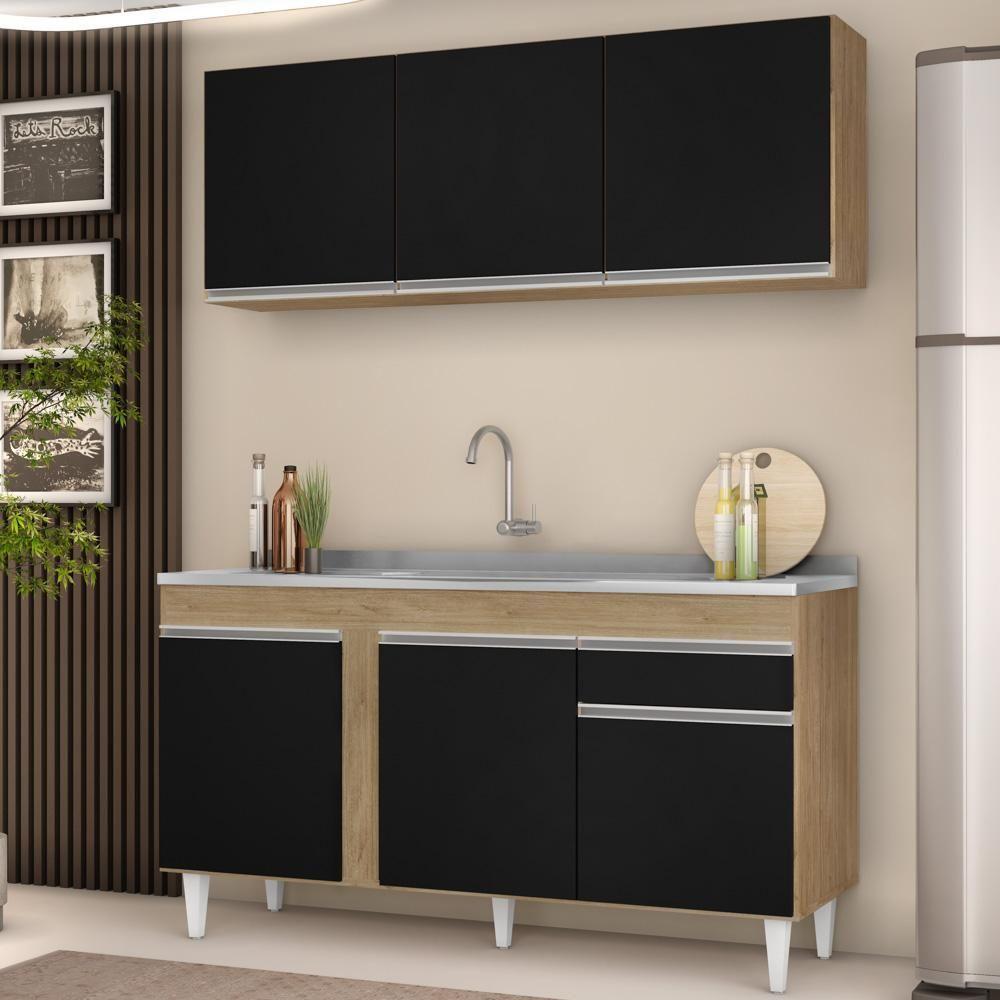 Armário Aéreo Argélia E Balcão Gabinete Com Pia Inox 150cm Dakota Castanho-preto - Lumil - 2