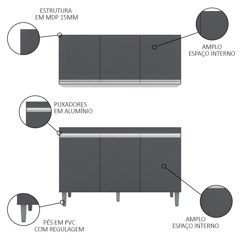 Armário Aéreo Andréia E Balcão Gabinete Para Pia Sem Tampo Manu 120cm Cinza - Ajl Móveis - 3