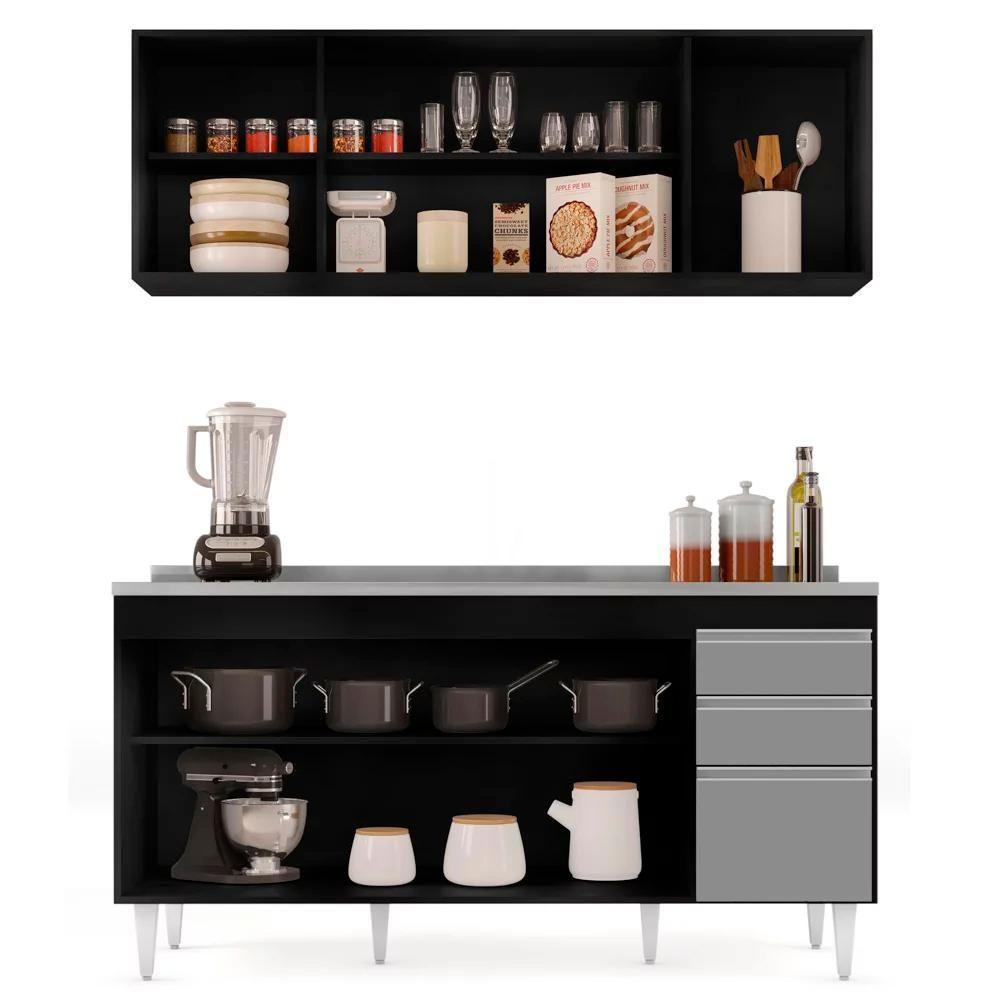 Armário Aéreo Nevada E Balcão Gabinete Com Pia 160cm Arkansas Preto-cinza - Lumil - 7