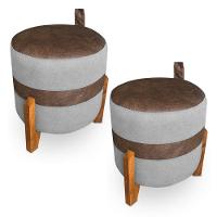 Kit 02 Puffs Le Mans Veludo Cinza E Corano Nozes Base De Madeira - Pallazio - 1