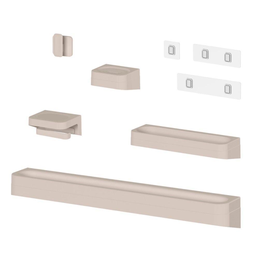 Kit Banheiro 5 Peças Saboneteira + Porta Papel Higiênico + Porta Shampoo + Toalheiro + Gancho + Adesivos Bege Ou - 1