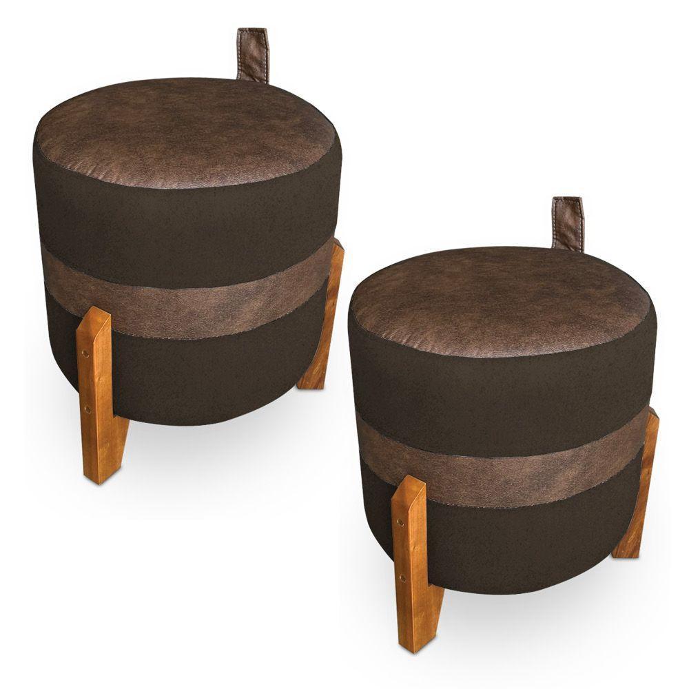 Kit 02 Puffs Le Mans Veludo Marrom E Corano Nozes Base De Madeira - Pallazio - 1