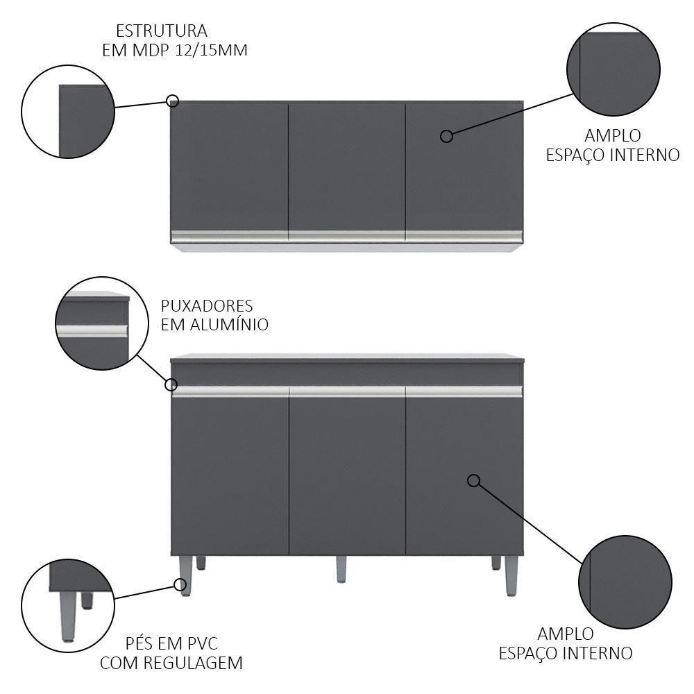 Armário Aéreo Andréia E Balcão Gabinete Para Pia Com Tampo Manu 120cm Cinza - Ajl Móveis - 3