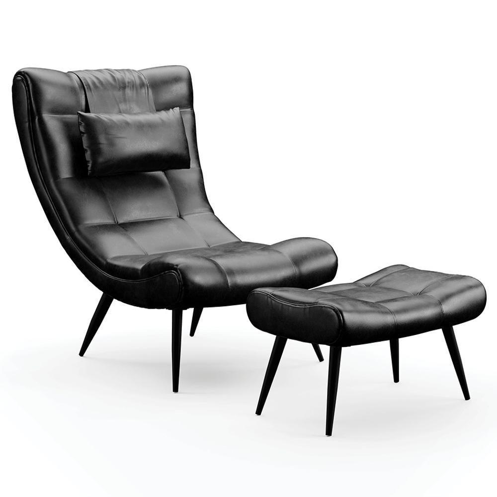 Kit Poltrona E Puff Para Sala De Estar Com Almofada E Pés Palito Lord Sintético Preto - Ibiza - 1