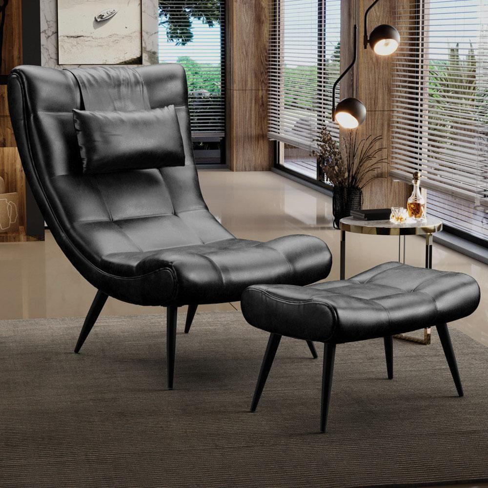 Kit Poltrona E Puff Para Sala De Estar Com Almofada E Pés Palito Lord Sintético Preto - Ibiza - 2