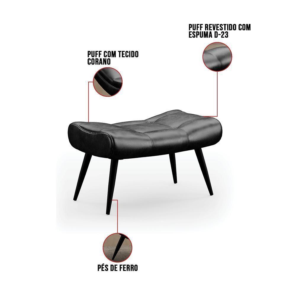Kit Poltrona E Puff Para Sala De Estar Com Almofada E Pés Palito Lord Sintético Preto - Ibiza - 6