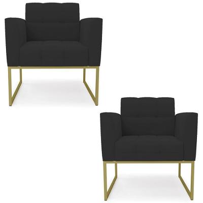 Kit 2 Poltronas Ana Base Industrial Veludo Dourado Preto Ibiza