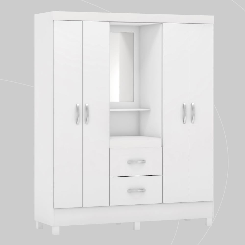 Guarda Roupa Solteiro 4 Portas Com Espelho E 2 Gavetas Loanda - Branco Rosa - 2