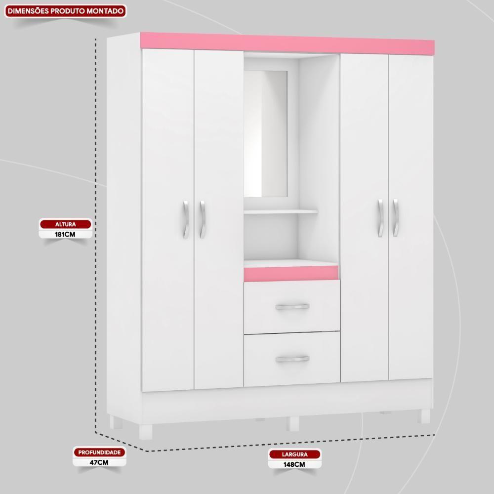 Guarda Roupa Solteiro 4 Portas Com Espelho E 2 Gavetas Loanda - Branco Rosa - 3