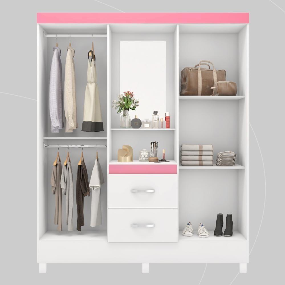 Guarda Roupa Solteiro 4 Portas Com Espelho E 2 Gavetas Loanda - Branco Rosa - 4