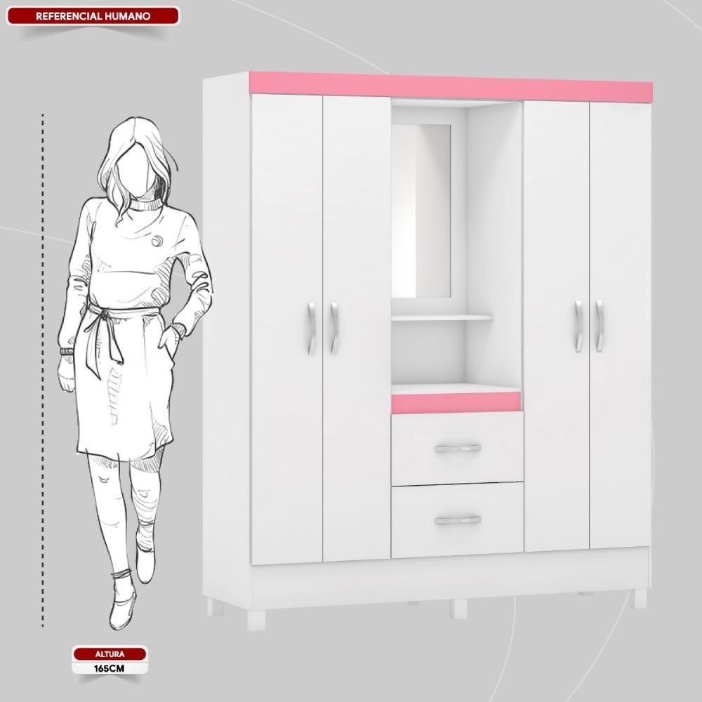 Guarda Roupa Solteiro 4 Portas Com Espelho E 2 Gavetas Loanda - Branco Rosa - 6