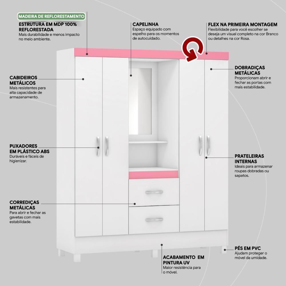 Guarda Roupa Solteiro 4 Portas Com Espelho E 2 Gavetas Loanda - Branco Rosa - 7
