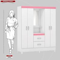Guarda Roupa Solteiro 4 Portas Com Espelho E 2 Gavetas Loanda - Branco Rosa - 6
