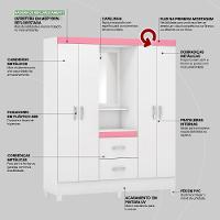 Guarda Roupa Solteiro 4 Portas Com Espelho E 2 Gavetas Loanda - Branco Rosa - 7