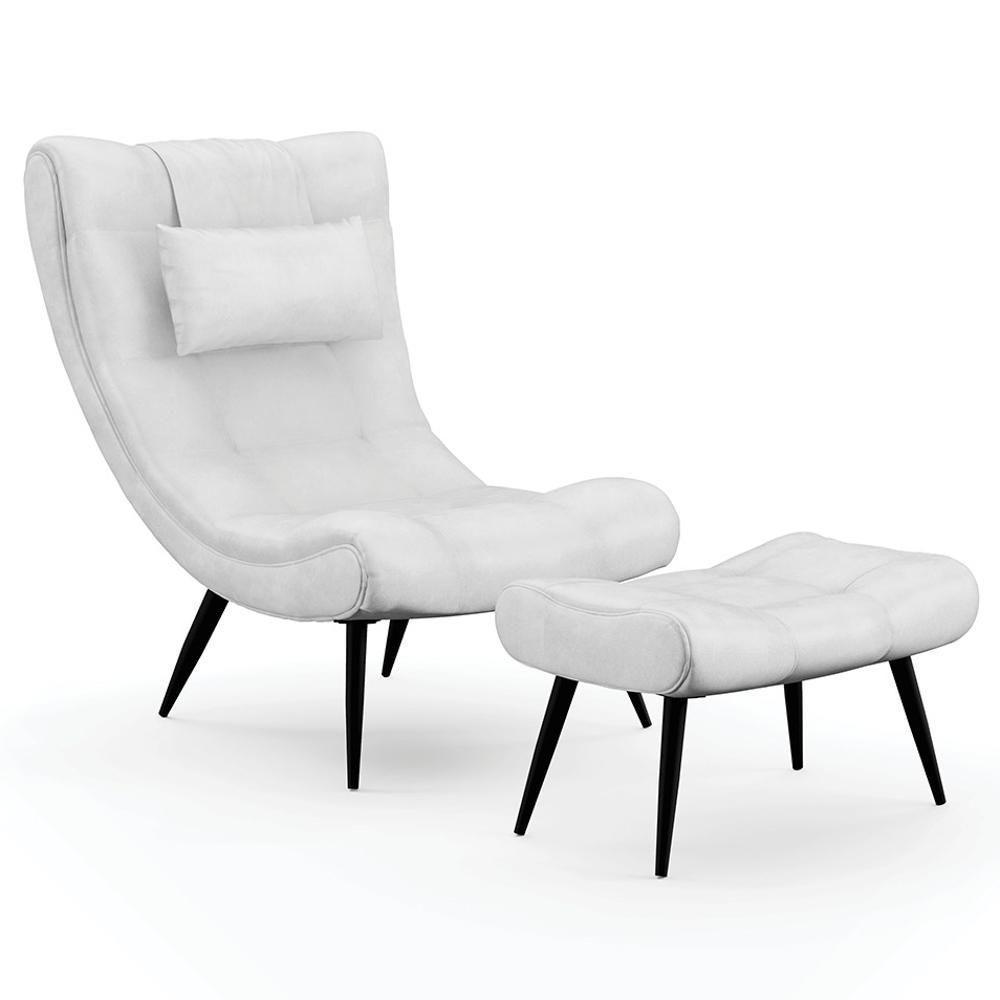 Kit Poltrona E Puff Para Sala De Estar Com Almofada E Pés Palito Lord Sintético Branco - Ibiza - 1