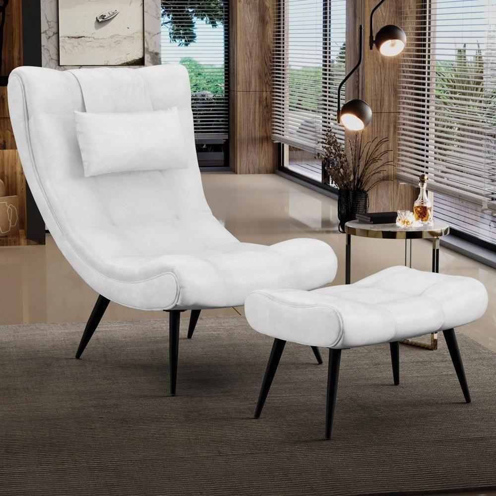 Kit Poltrona E Puff Para Sala De Estar Com Almofada E Pés Palito Lord Sintético Branco - Ibiza - 3