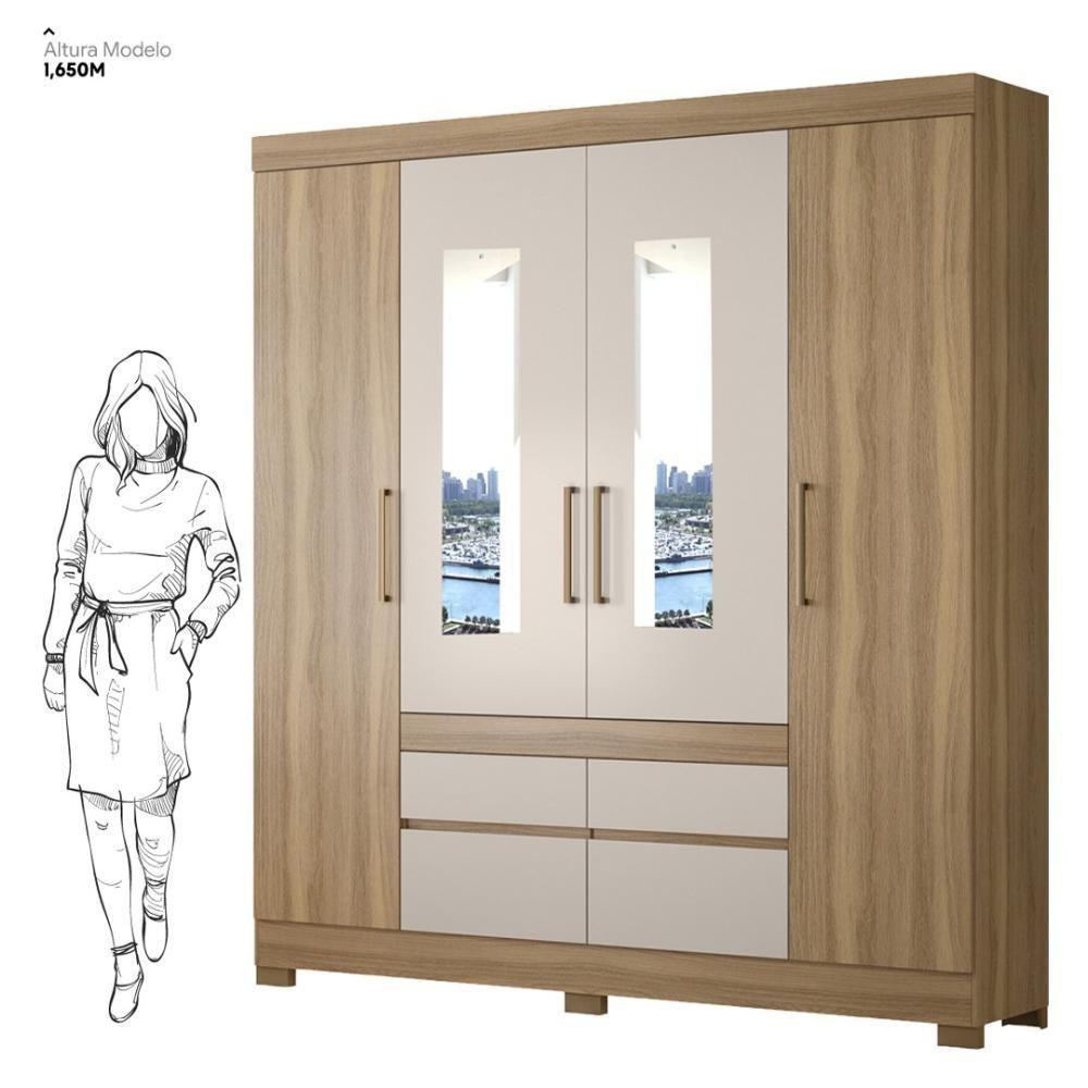 Guarda Roupa Casal 4 Portas Com Espelho E 4 Gavetas Florida - Amêndola Touch Off White - 4
